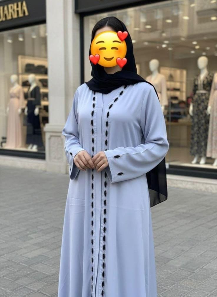 Women’s Modest Abaya with Black Embroidery | Elegant Front-Open