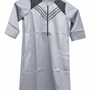 Premium Grey Designer Men’s Jubba with Modern Embroidered Pattern & Zip Neck