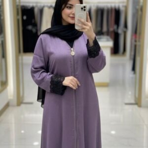 Women’s Front-Open Abaya with Contrast Piping | Elegant Modest Islamic Dress